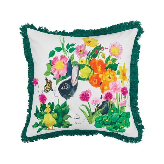 Bunny Floral Spring Printed and Embellished Spring Easter Themed Accent Throw Pillow, 18" x 18" {1}