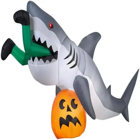 9' Gemmy Airblown Inflatable Halloween Animated Shark Attack w/ Pumpkin 72094 {1}