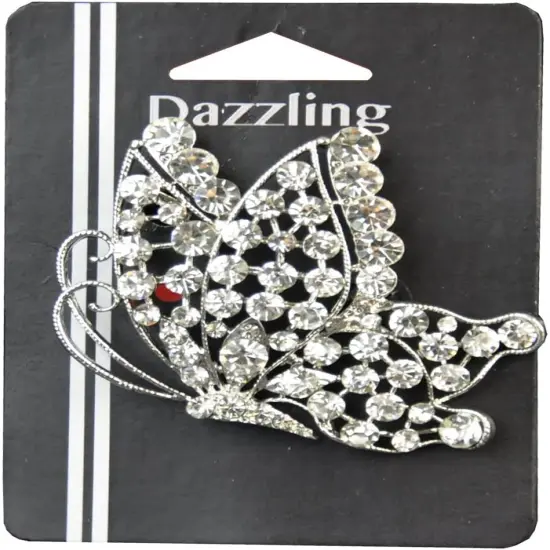 Belagio Rhinestone Brooch, 2.5" Diameter, 1 Piece, Butterfly, Silver/Crystal {1}