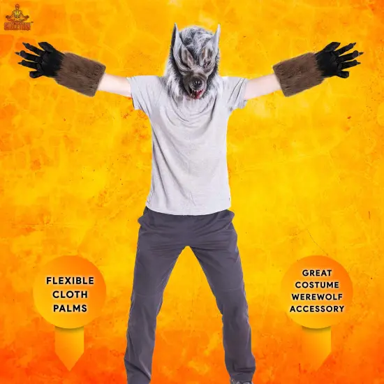 Werewolf Hand Costume Gloves - Brown Hairy Wolf Claw Hands Paws Monster Costume Accessories for Kids and Adults {2}