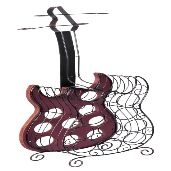 Vintage Wood and Metal Guitar Shaped 9 Bottle Freestanding Decorative Wine Holder {5}