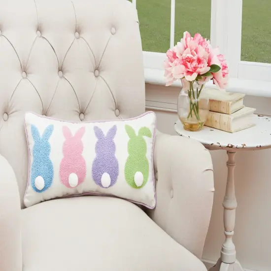 Easter Bunnies with Tufted 3D Bunny Rabbit Tail Spring Themed Small/Petite Accent Pillow, 10" x 20" {4}