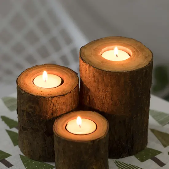 Bark Wooden Pillar Tree Stump Tea Light Rustic Candle Holder - Set of 3 {4}