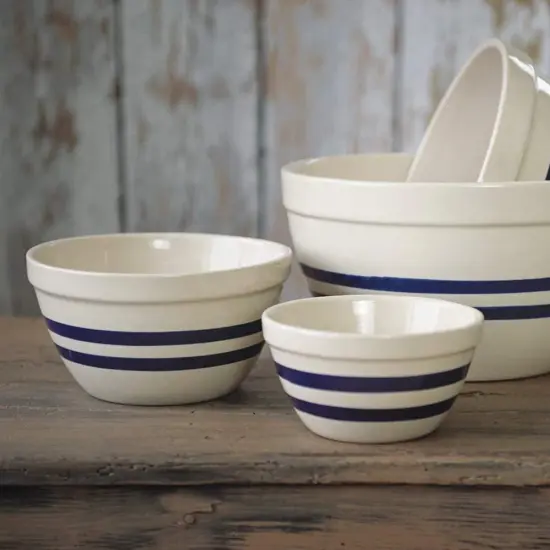 Ohio Stoneware Shoulder Bowls USA Made Tan with Blue Stripe Set of 3 Sizes {5}