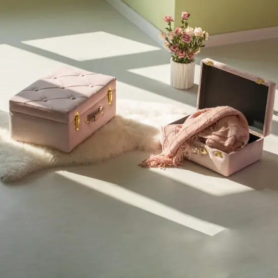 Decorative Tufted Velvet Suitcase Treasure Chest Set of 2 Pink {5}