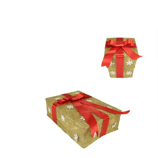 Northlight Lighted Snowflake Gift Box Outdoor Christmas Decoration - 13" - Gold - Set of 3 {4}