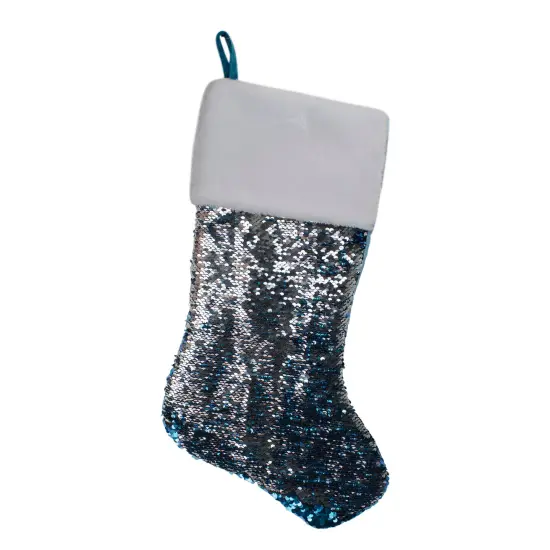 Northlight 22.75" Sky Blue and Silver Reversible Sequined Christmas Stocking with Faux Fur Cuff {4}
