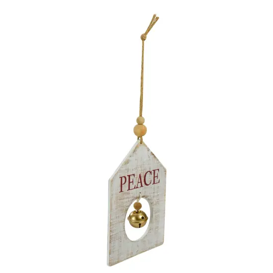 Northlight Rustic Wooden "Peace" with Bell Christmas Tag Ornament - 8" - Gold and White {4}
