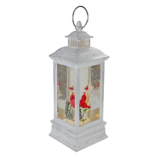 Northlight Brushed Christmas Cardinals Snow Globe Lantern - 11" - White and Silver {4}