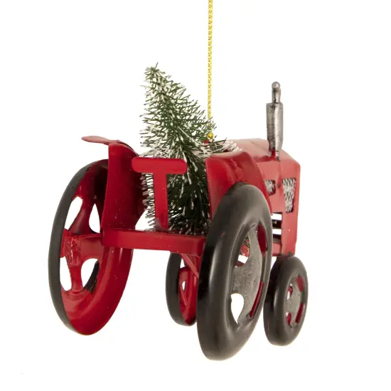 Northlight Metal Tractor with Frosted Tree Christmas Ornament - 3" - Red and Silver {5}
