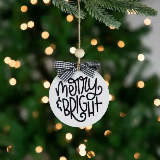 Northlight Wooden "Merry & Bright" Disc Christmas Ornament with Plaid Bow - 4" - Black and White {3}