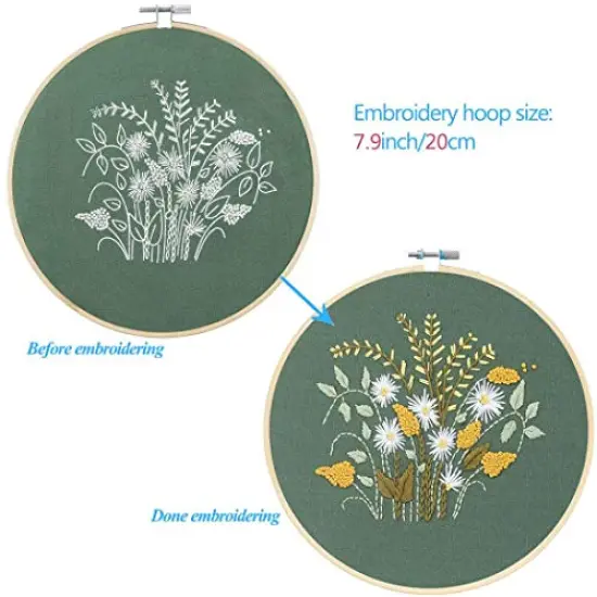 3 Pack Embroidery Starter Kit with Pattern, Kissbuty Full Range of Stamped Embroidery Kit Including Embroidery Fabric with Pattern, Bamboo Embroidery Hoops, Color Threads and Tools Kit (Floral Plants) {5}
