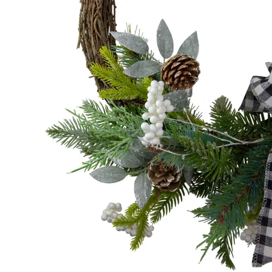 Northlight Plaid Bow and Winter Foliage Artificial Christmas Twig Wreath - 23-inch, Unlit Brown {4}