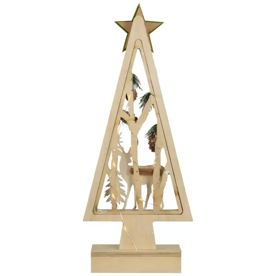 Northlight Lighted Wooden Christmas Tree with Star and Reindeer Woodland Scene - 15" Ivory {6}