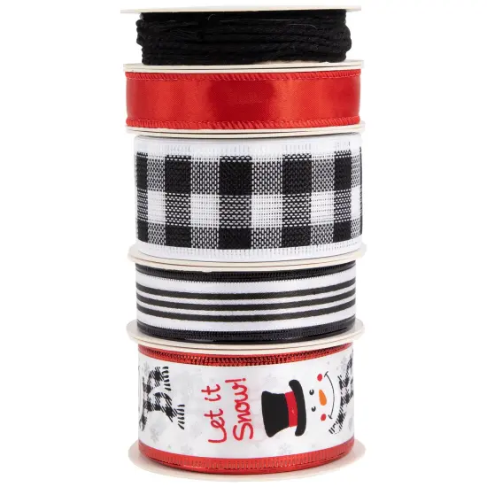 Northlight Set of 5 Snowman Matching Themed Wired Craft Christmas Ribbons 1.5" x 3 Yards Red {6}