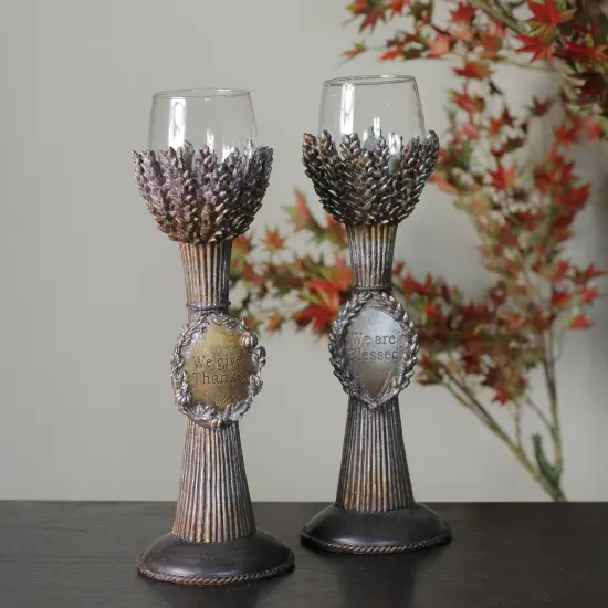 Roman Set of 2 Brown and Clear Blessed Thanksgiving Votive Candleholders 12.5" {4}