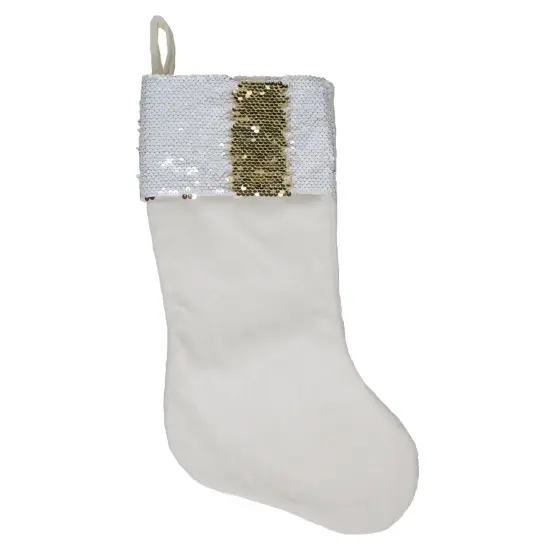 Northlight 20" Gold and White Reversible Sequin Cuff Christmas Stocking {5}