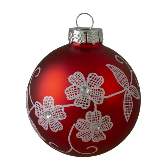 Northlight Flower Vines Christmas Glass Ball Ornaments - 3" (75mm) - Red and White - 4ct {4}