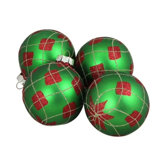 Northlight Glittered Argyle Christmas Glass Ball Ornaments - 3.25" (80mm) - Green and Red - 4ct {4}