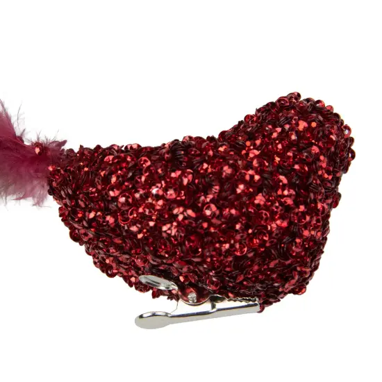 Northlight Sequined Bird with Feather Tail Christmas Clip-on Ornament - 6" - Red {6}