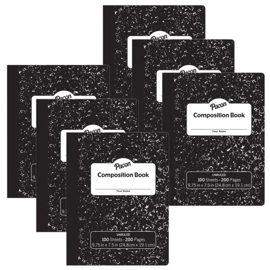 Composition Book, Black Marble, Unruled 9-3/4" x 7-1/2", 100 Sheets, Pack of 6 {2}