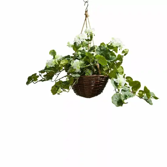 Faux Flower Hanging Basket White Geranium Patio Indoor Garden Lifelike Decor {1}