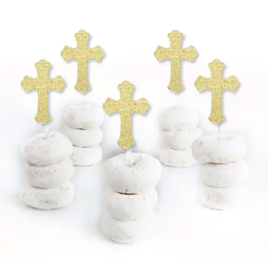 Big Dot of Happiness Gold Glitter Cross - No-Mess Real Gold Glitter Dessert Cupcake Toppers - Baptism or Baby Shower Clear Treat Picks - Set of 24 {3}