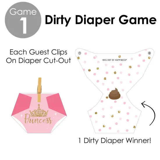 Big Dot of Happiness Little Princess Crown - Pink and Gold Princess Baby Shower Conversation Starter - 2-in-1 Dirty Diaper Game - Set of 24 {7}