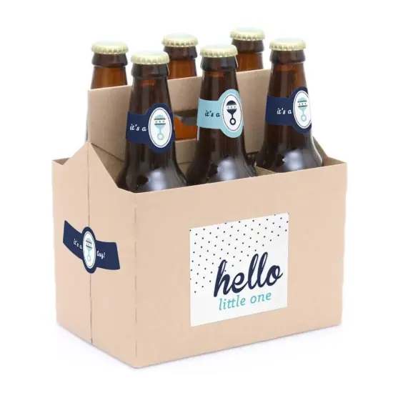 Big Dot of Happiness Hello Little One - Blue and Silver - Boy Baby Shower Decorations for Women and Men - 6 Beer Bottle Label Stickers and 1 Carrier {6}