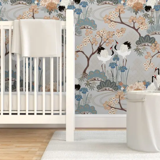Pre-Pasted Wallpaper 2FT Wide Large Scale Japanese Garden Grey Asian Floral Birds Animals Custom Pre-pasted Wallpaper by Spoonflower {7}