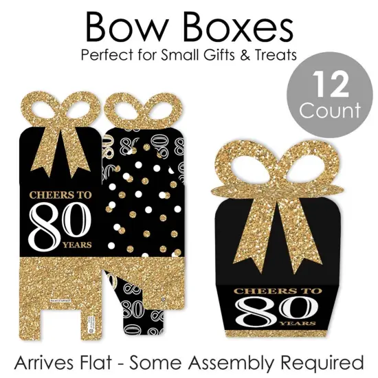 Big Dot of Happiness Adult 80th Birthday - Gold - Square Favor Gift Boxes - Birthday Party Bow Boxes - Set of 12 {7}