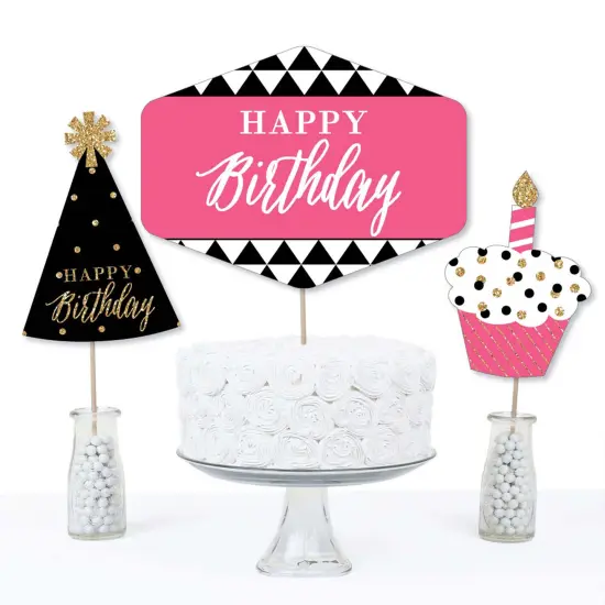 Big Dot of Happiness Chic Happy Birthday - Pink, Black and Gold - Birthday Party Centerpiece Sticks - Table Toppers - Set of 15 {4}