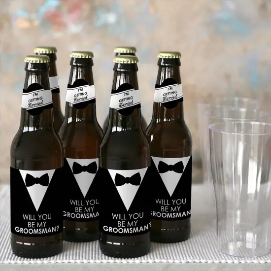 Big Dot of Happiness Suit Up - Will You Be My Groomsman Decorations for Men - 6 Beer Bottle Label Stickers and 1 Carrier {6}