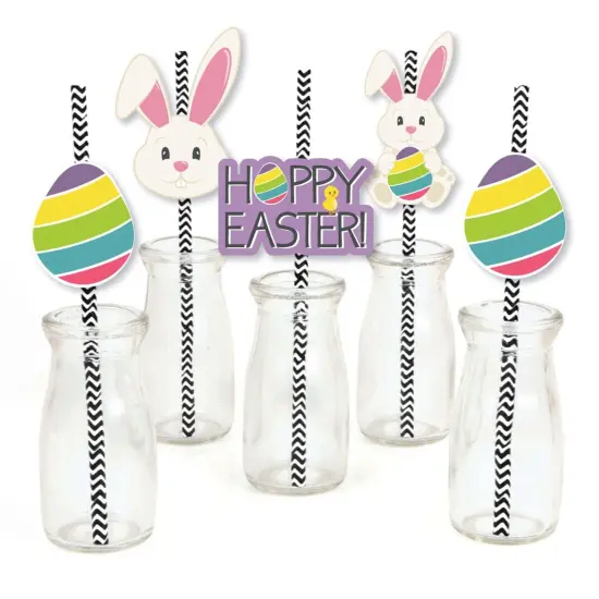 Big Dot of Happiness Hippity Hoppity Paper Straw Decor - Easter Bunny Party Striped Decorative Straws - Set of 24 {1}