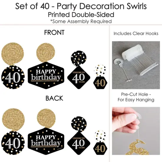 Big Dot of Happiness Adult 40th Birthday - Gold - Birthday Party Hanging Decor - Party Decoration Swirls - Set of 40 {7}