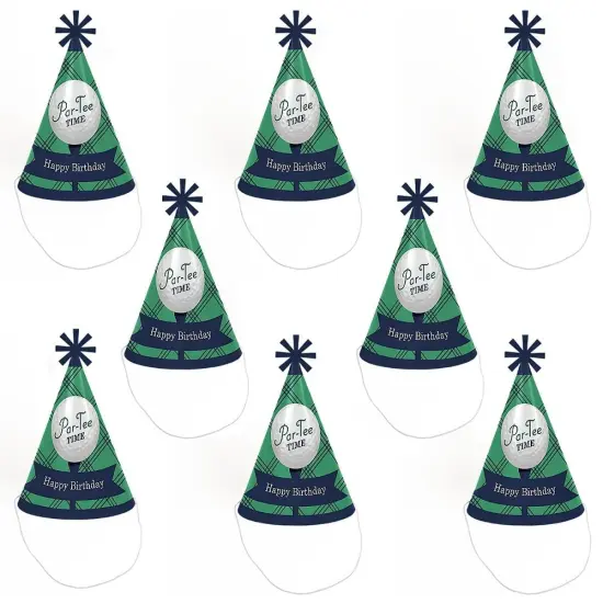 Big Dot of Happiness Par-Tee Time - Golf - Cone Happy Birthday Party Hats for Kids and Adults - Set of 8 (Standard Size) {7}