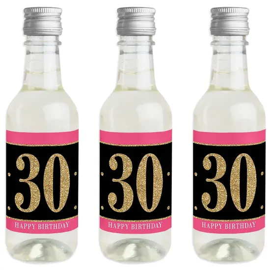 Big Dot of Happiness Chic 30th Birthday - Pink, Black and Gold - Mini Wine and Champagne Bottle Label Stickers - Birthday Party Favor Gift - Set of 16 {1}