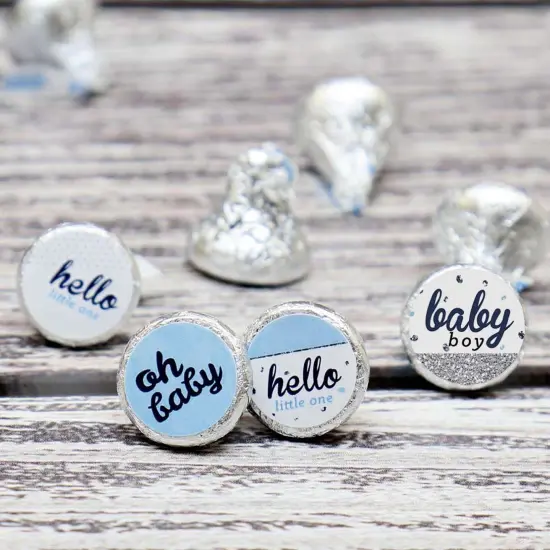 Big Dot of Happiness Hello Little One - Blue & Silver Boy Baby Shower Party Round Candy Sticker Favors - Labels Fits Chocolate Candy (1 sheet of 108) {4}