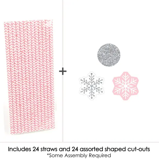 Big Dot of Happiness Pink Winter Wonderland - Paper Straw Decor - Holiday Snowflake Birthday Party or Baby Shower Striped Decorative Straws -Set of 24 {4}