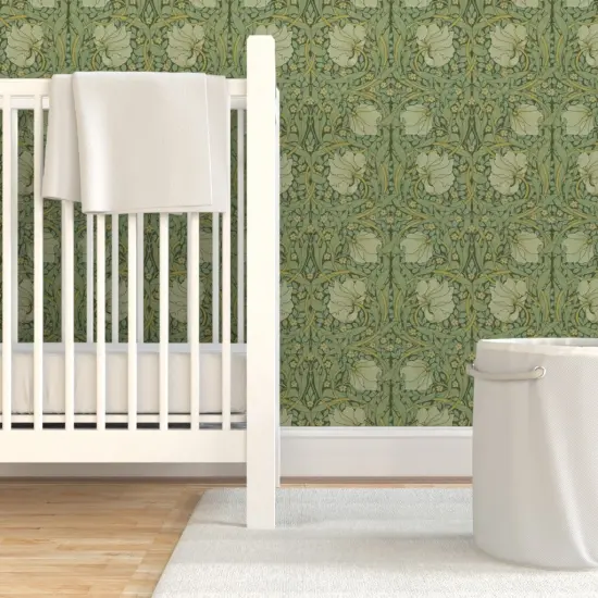 Pre-Pasted Wallpaper 2FT Wide Green Vines Flower Damask Victorian Floral Sage William Morris Custom Pre-pasted Wallpaper by Spoonflower {1}