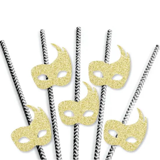 Big Dot of Happiness Gold Glitter Masks Party Straws - No-Mess Real Glitter Cut-Outs & Decorative Masquerade Mardi Gras Party Paper Straws - Set of 24 {4}