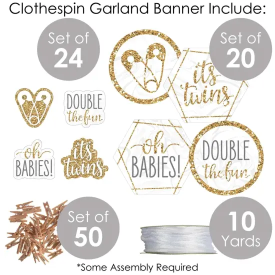 Big Dot of Happiness It's Twins - Gold Twins Baby Shower DIY Decorations - Clothespin Garland Banner - 44 Pieces {6}