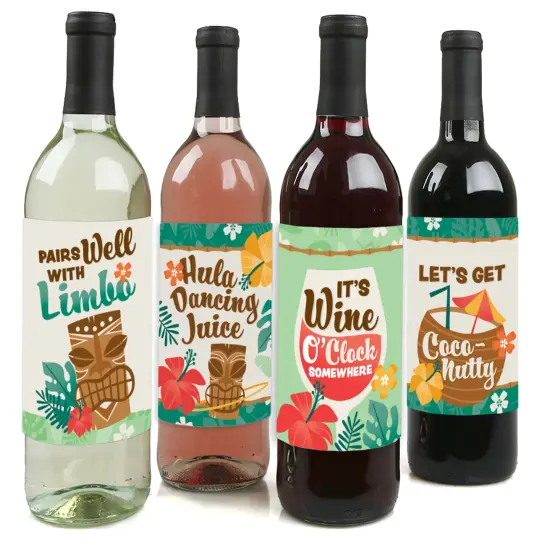 Big Dot of Happiness Tropical Luau - Hawaiian Beach Party Decorations for Women and Men - Wine Bottle Label Stickers - Set of 4 {1}
