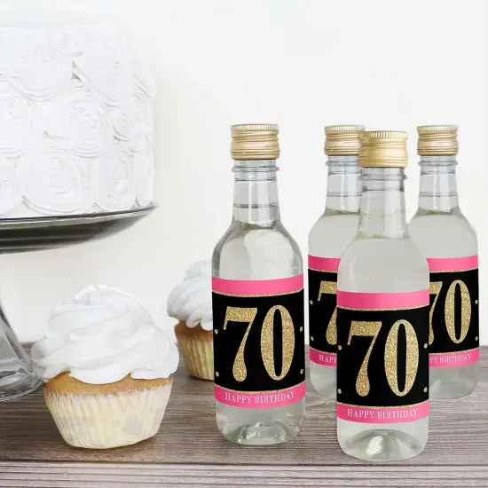 Big Dot of Happiness Chic 70th Birthday - Pink, Black and Gold - Mini Wine and Champagne Bottle Label Stickers - Birthday Party Favor Gift - Set of 16 {4}