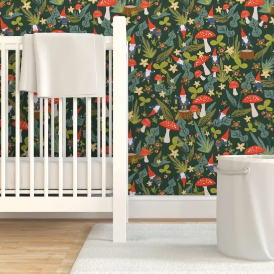 Pre-Pasted Wallpaper 2FT Wide Woodland, Gnomes, Large, Red, Mushroom, Garden, Summer, Floral, Mushrooms Custom Pre-pasted Wallpaper by Spoonflower {7}