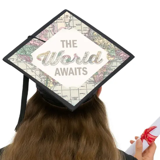 Big Dot of Happiness World Awaits - Travel Themed Graduation Cap Decorations Kit - Grad Cap Cover {6}