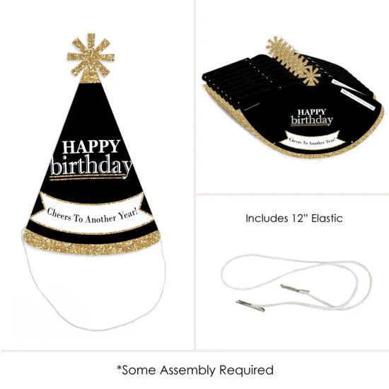Big Dot of Happiness Adult Happy Birthday - Gold - Cone Birthday Party Hats for Kids and Adults - Set of 8 (Standard Size) {6}
