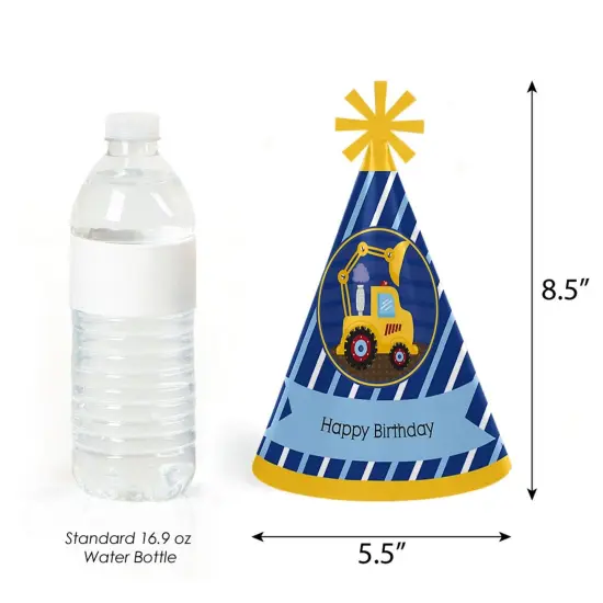 Big Dot of Happiness Construction Truck - Cone Happy Birthday Party Hats for Kids and Adults - Set of 8 (Standard Size) {4}