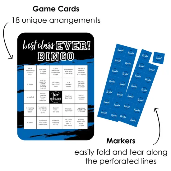 Big Dot of Happiness Reunited Blue - Find the Classmate Bingo Cards and Markers - School Class Reunion Party Bingo Game - Set of 18 {3}