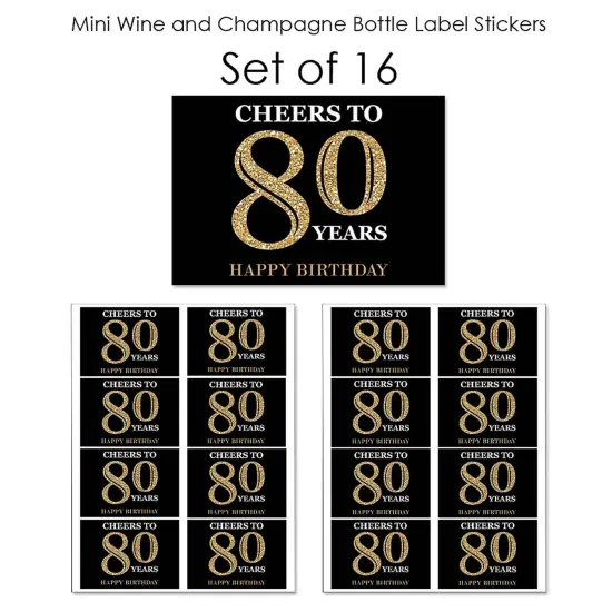 Big Dot of Happiness Adult 80th Birthday - Gold - Mini Wine & Champagne Bottle Label Stickers - Birthday Party Favor Gift for Women & Men - Set of 16 {7}